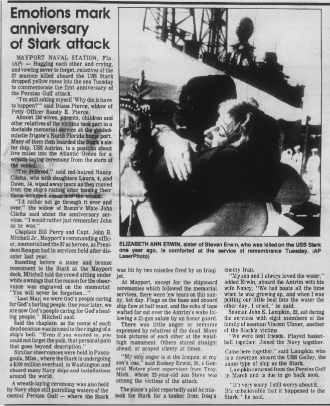 18 May 1988: An article from the Citrus County Chronicle about the USS Antrim FFG-20 taking families out to sea to lay wreaths for 
                		    the fallen sailors of the USS Stark.