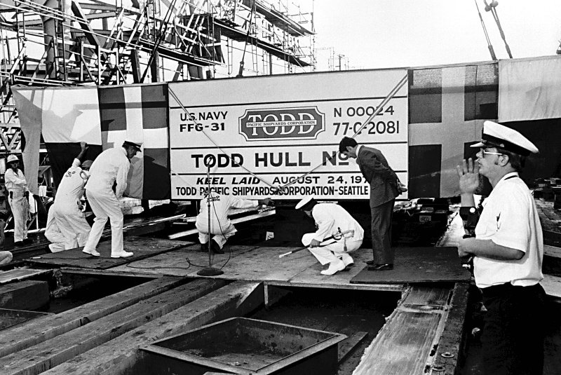 24 August 1979: Keel laying ceremony for the USS Stark (FFG-31) at<br>Todd Pacific Shipyards Corp., Seattle, Washington.