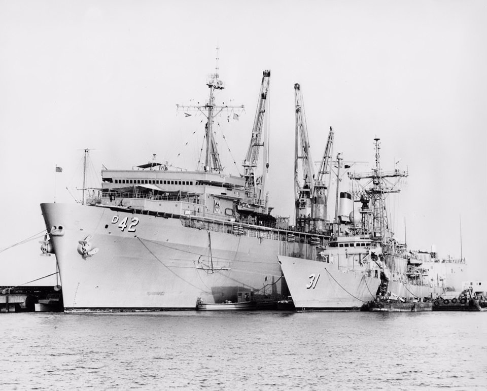 June 1987: USS Stark alongside the USS Acadia AD-42 for repairs.