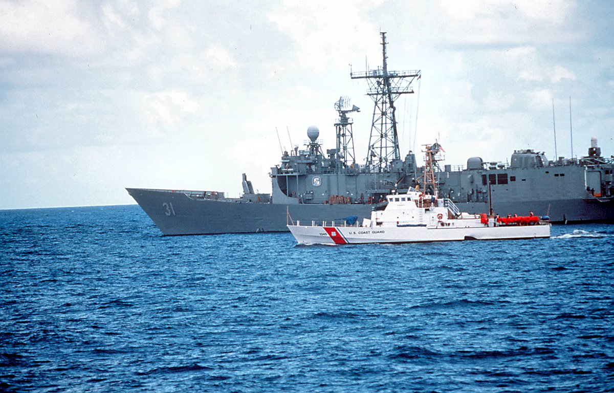 19 September 1997: Between Cuba and Florida Keys - The Coast Guard Cutter Matinicus (WPB-1315) patrols the waters off the coast 
                            of Cuba alongside a navy ship during Operation Able Vigil. Operation Able Vigil got underway in mid-August when the number of Cuban rafters rescued in the Florida straits skyrocketed above the 
                            month of June's record of 1,173 to 2,607 in a single week of August.