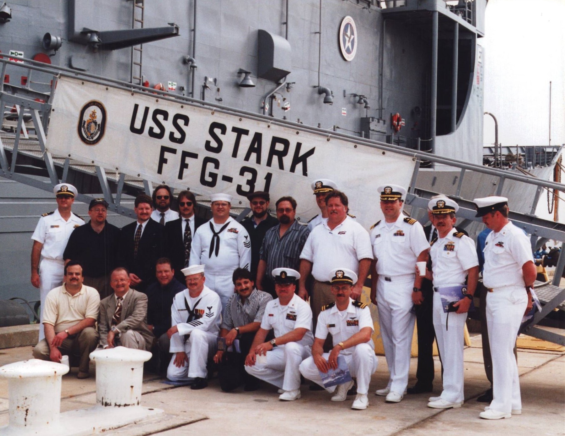 7 May 1999: Stark survivors gather to say good-bye to the USS Stark on decommissioning day.