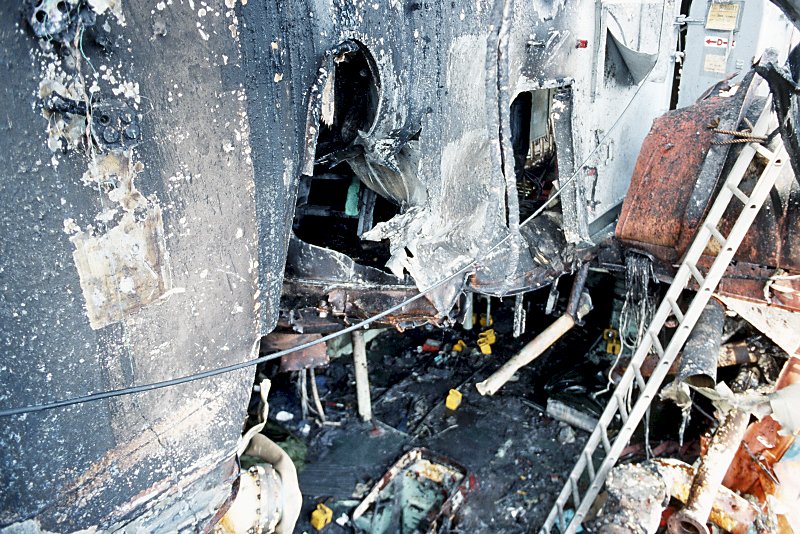 18 May 1987: A close-up view of damage to Stark after it was struck by an Iraqi-launched Exocet missile.