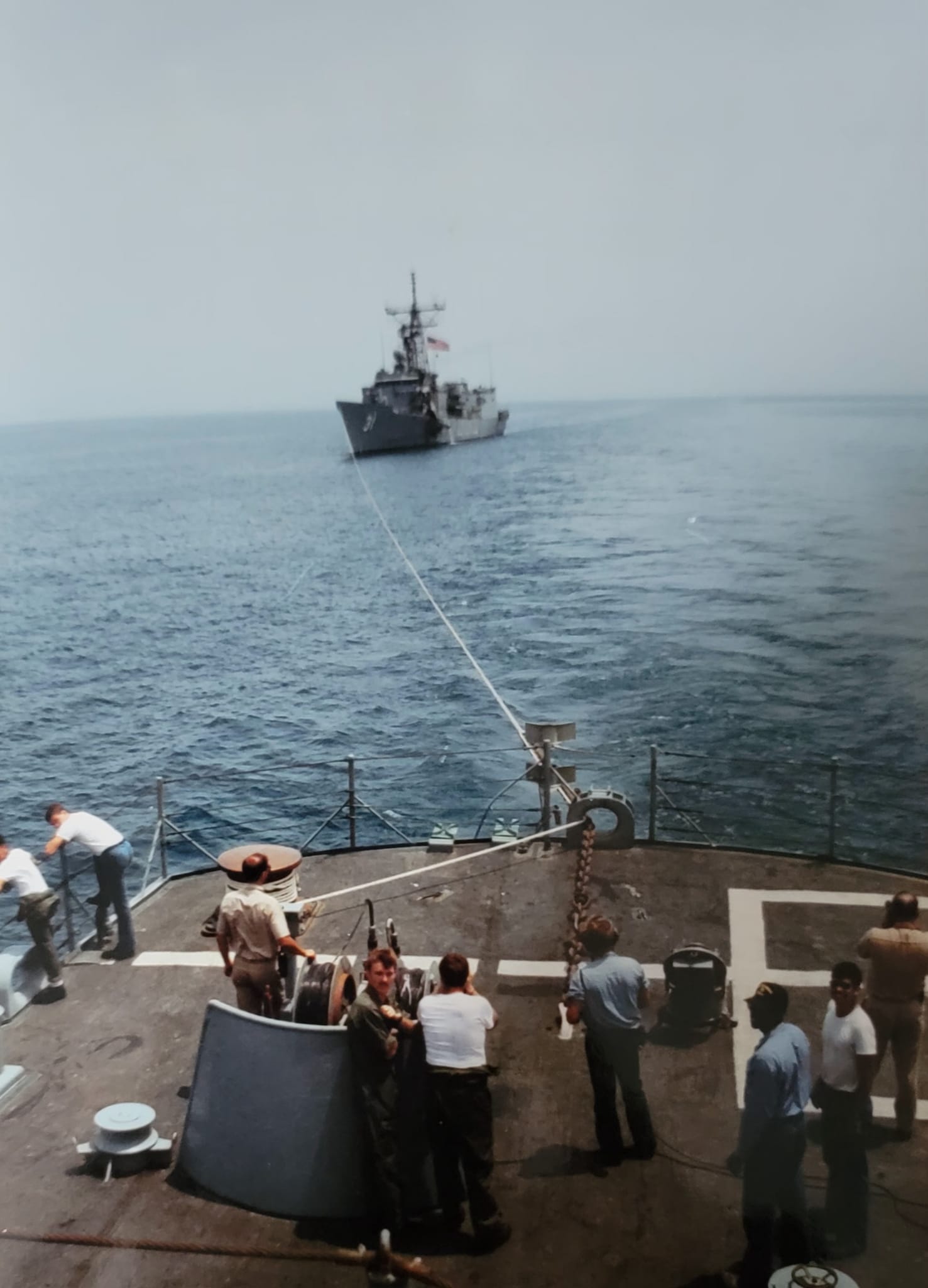 18 May 1987: USS Stark being towed into port.