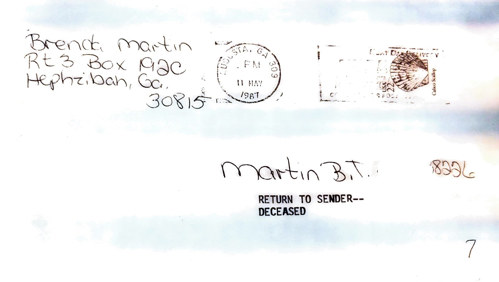 The letter that was sent back to my mother stating Return to Sender: Deceased