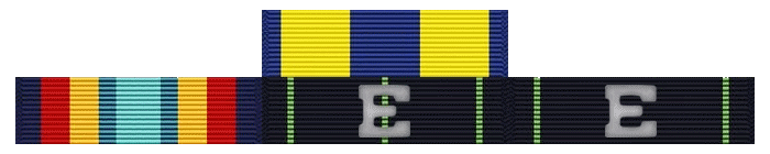 Top Row: Navy Expeditionary Medal<br>Bottom Row: Sea Service Deployment Ribbon, Expert Rifle Medal,
Expert Pistol Medal